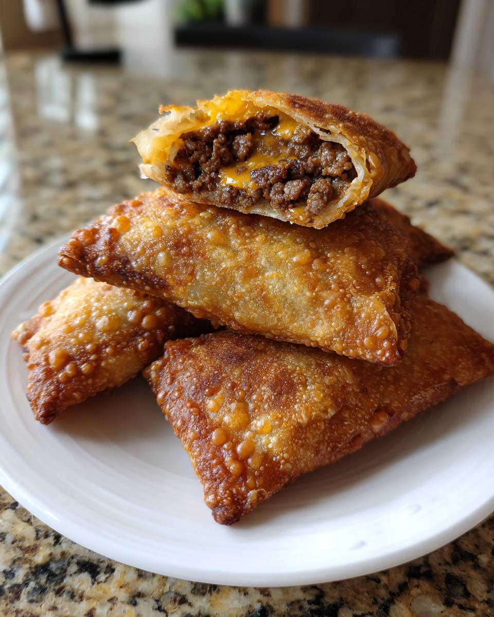 A stack of golden-brown, crispy bacon jam cheeseburger egg rolls, with one cut open showing ground beef and melted cheese.