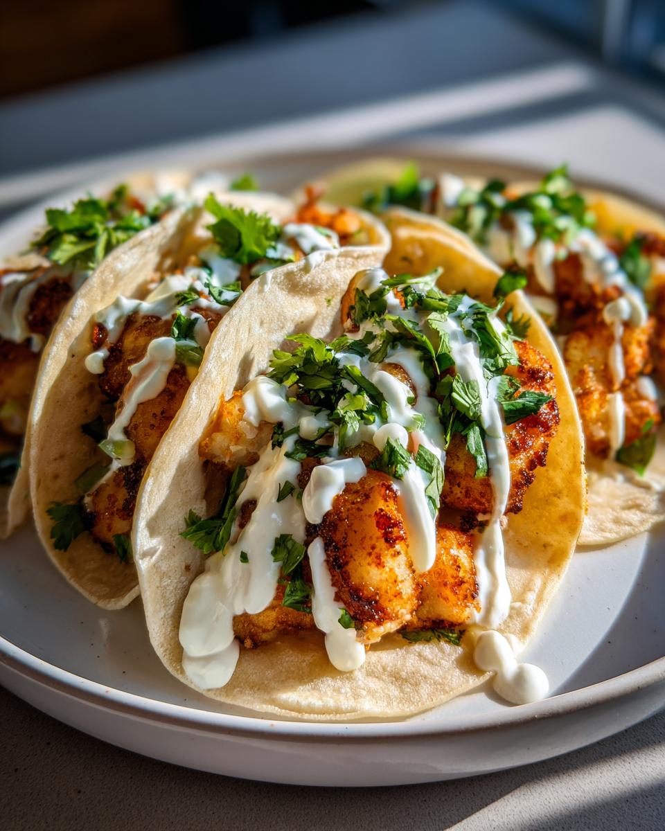 A close-up of several perfectly assembled baja fish tacos filled with seasoned fish, drizzled with white sauce, and topped with cilantro.