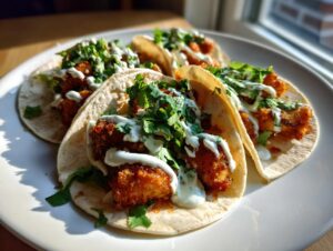 Four perfectly assembled baja fish tacos featuring crispy seasoned fish, fresh cilantro, and a drizzle of white crema sauce on a white plate.