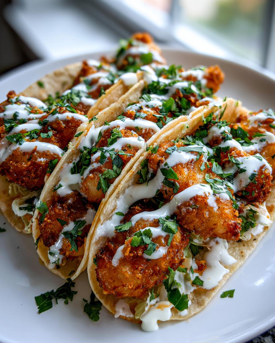 Close-up of several crispy Baja fish tacos filled with slaw, drizzled with white sauce, and topped with fresh cilantro.