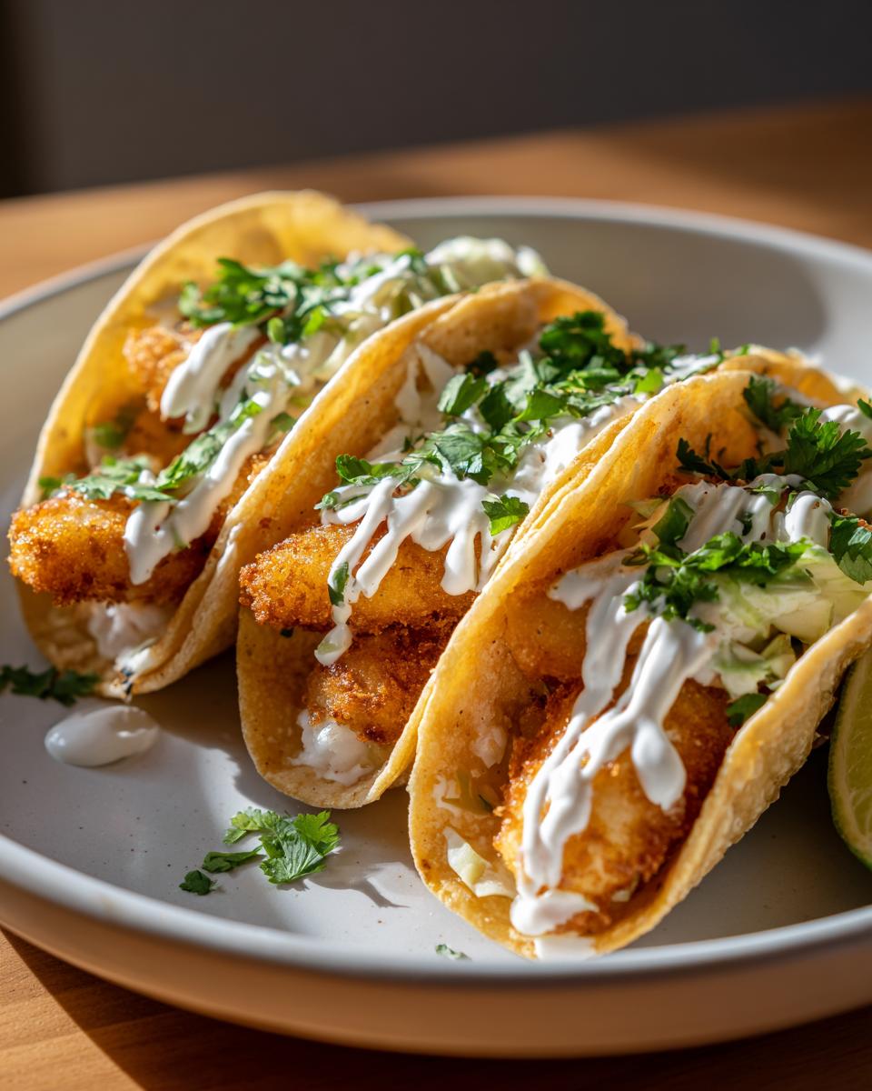 Three perfectly assembled baja fish tacos featuring crispy fried fish, shredded cabbage, cilantro, and a drizzle of white sauce.