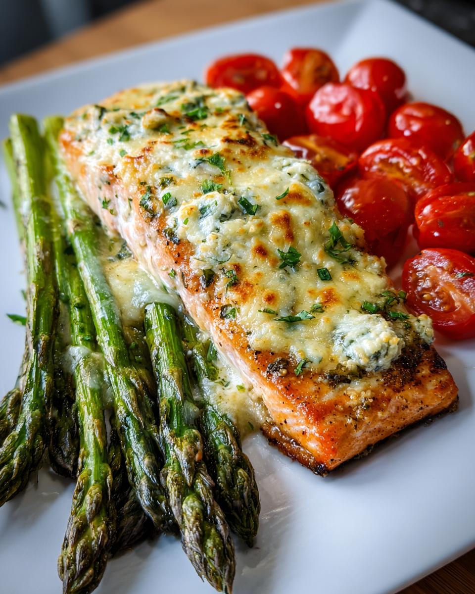 Close-up of a perfectly baked boursin salmon fillet topped with melted cheese and herbs, served with roasted asparagus and cherry tomatoes.