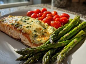 A perfectly cooked fillet of baked boursin salmon topped with melted cheese and herbs, served with roasted cherry tomatoes and bright green asparagus.