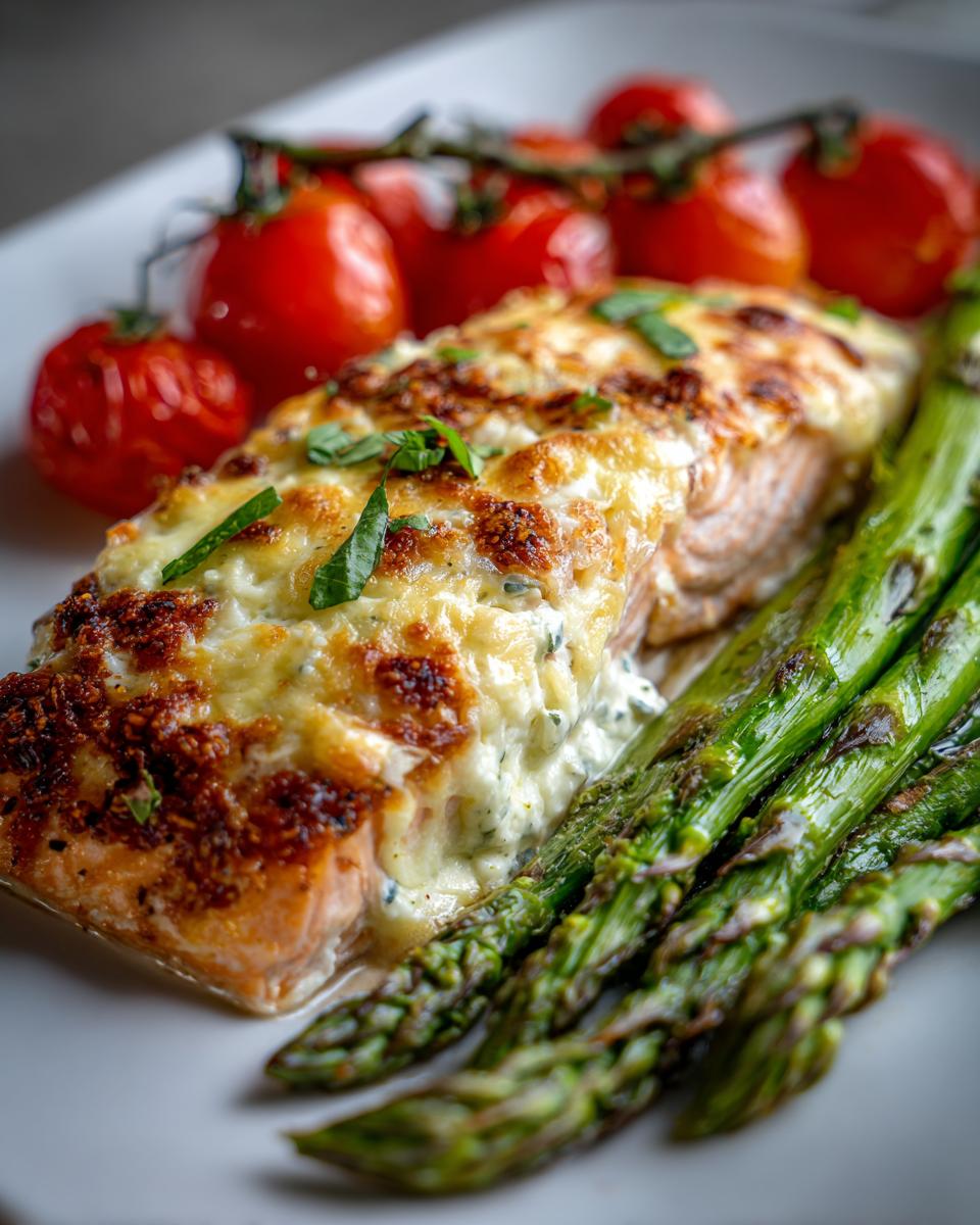 Close-up of a fillet of baked boursin salmon topped with melted, browned cheese, served with roasted asparagus and cherry tomatoes.