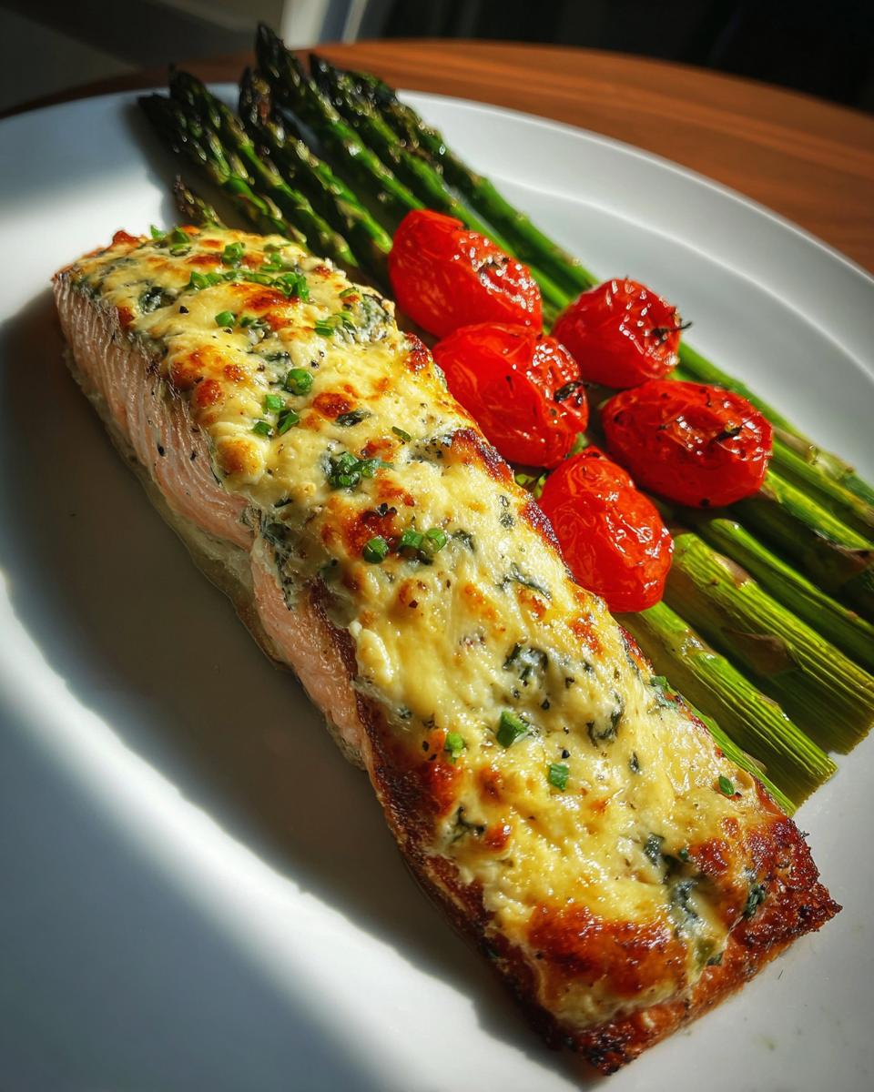 A perfectly cooked fillet of baked boursin salmon topped with melted cheese, served with roasted asparagus and cherry tomatoes.