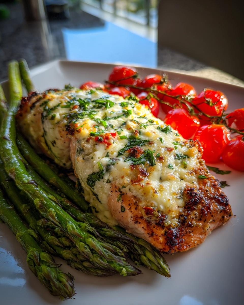 A perfectly cooked fillet of baked boursin salmon topped with melted cheese and herbs, served with roasted asparagus and cherry tomatoes.