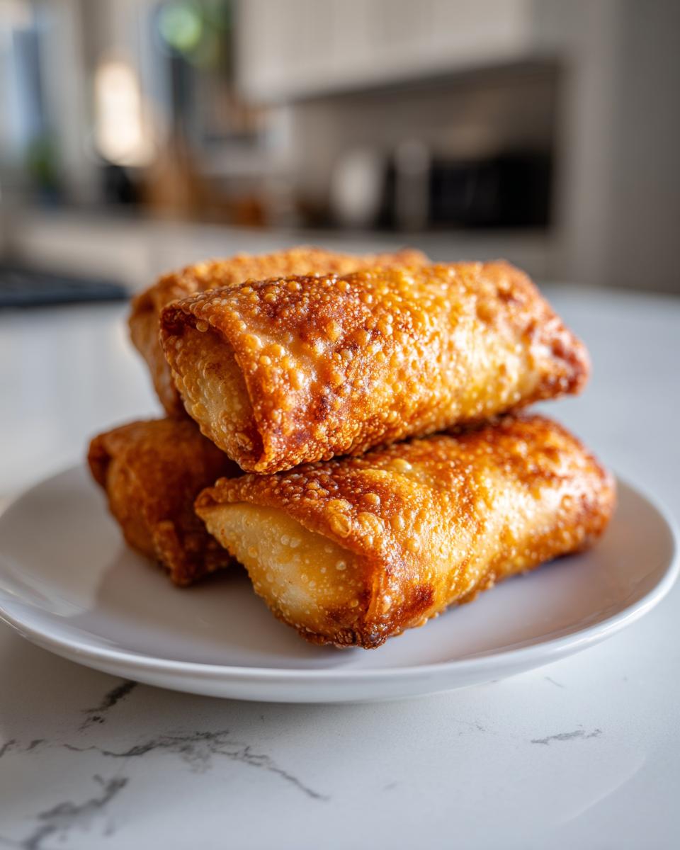 Three crispy, golden brown cheeseburger egg rolls baked to perfection, stacked on a white plate.