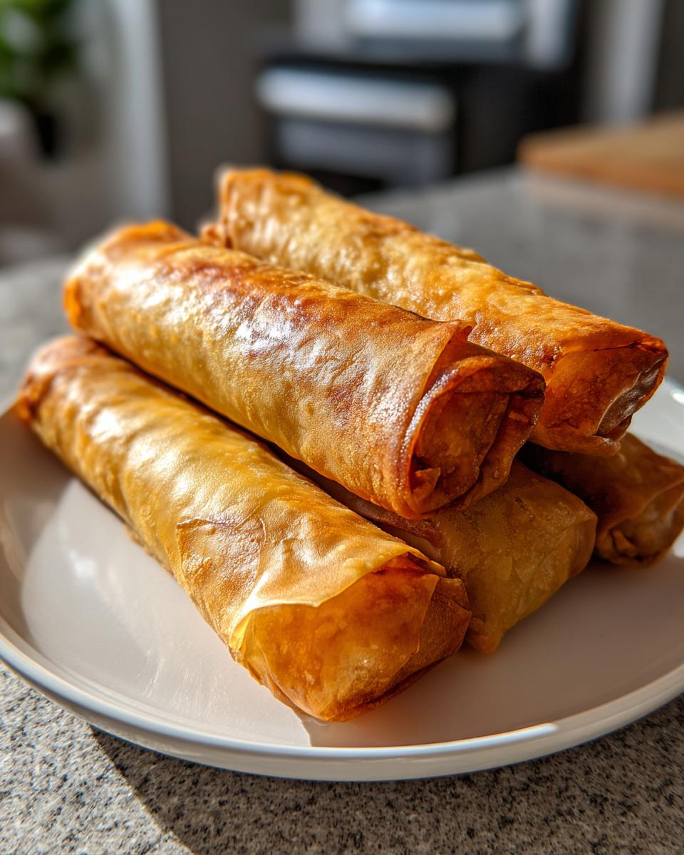 A stack of five golden brown, crispy cheeseburger egg rolls baked to perfection.