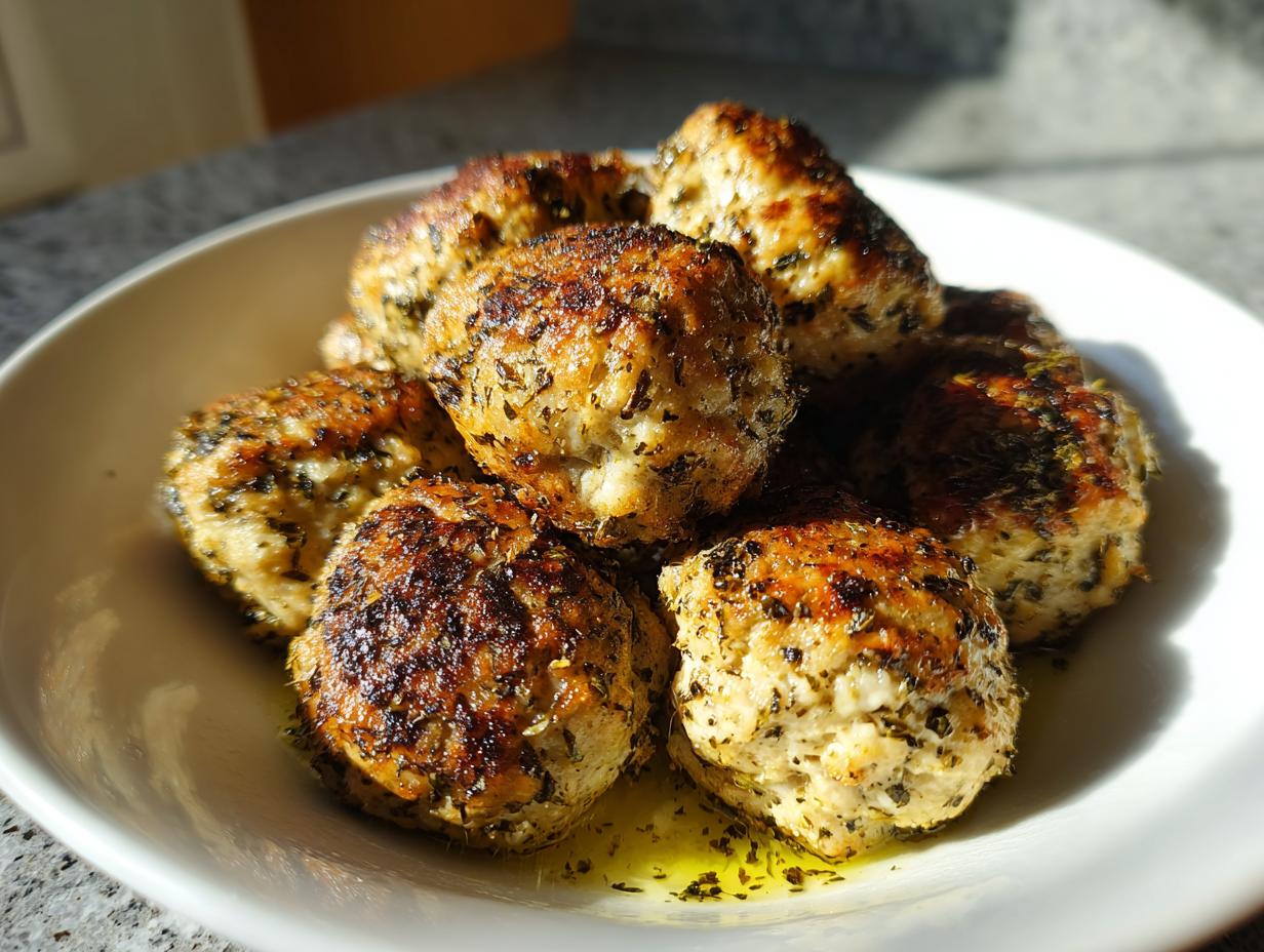 A pile of perfectly browned baked greek chicken meatballs seasoned with herbs, resting in a white bowl with olive oil.