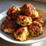 A close-up of several golden-brown baked greek chicken meatballs stacked on a white dish with visible herbs.