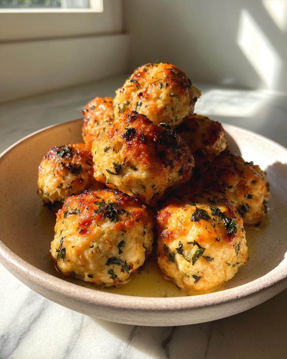 A stack of golden brown baked Greek chicken meatballs seasoned with herbs resting in a light sauce in a bowl.