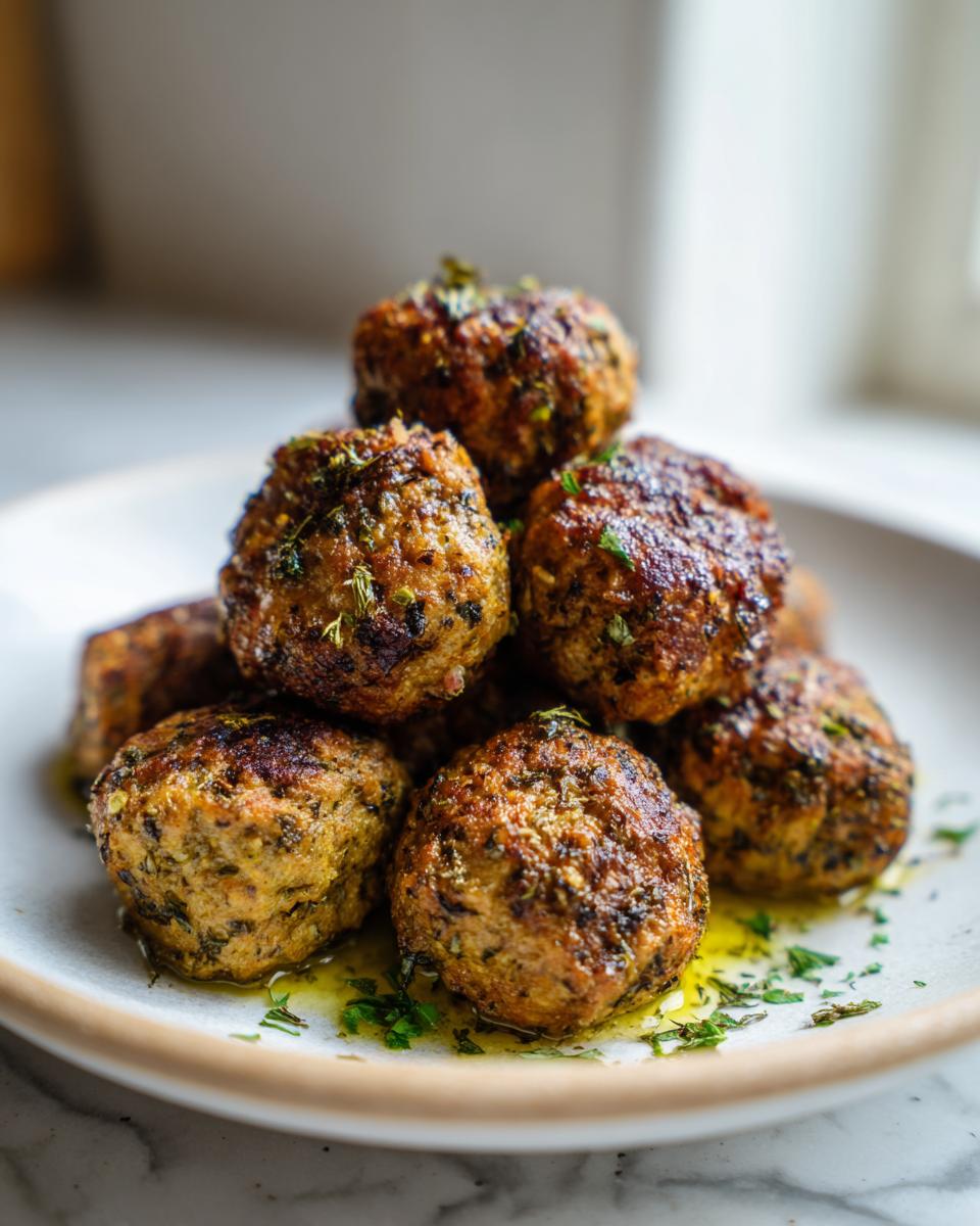 A close-up stack of golden-brown baked greek chicken meatballs seasoned with herbs and resting in olive oil.