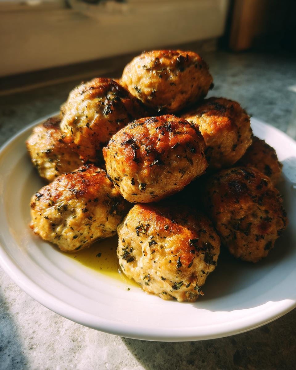 A close-up of several golden brown baked Greek chicken meatballs seasoned with herbs, piled on a white plate.