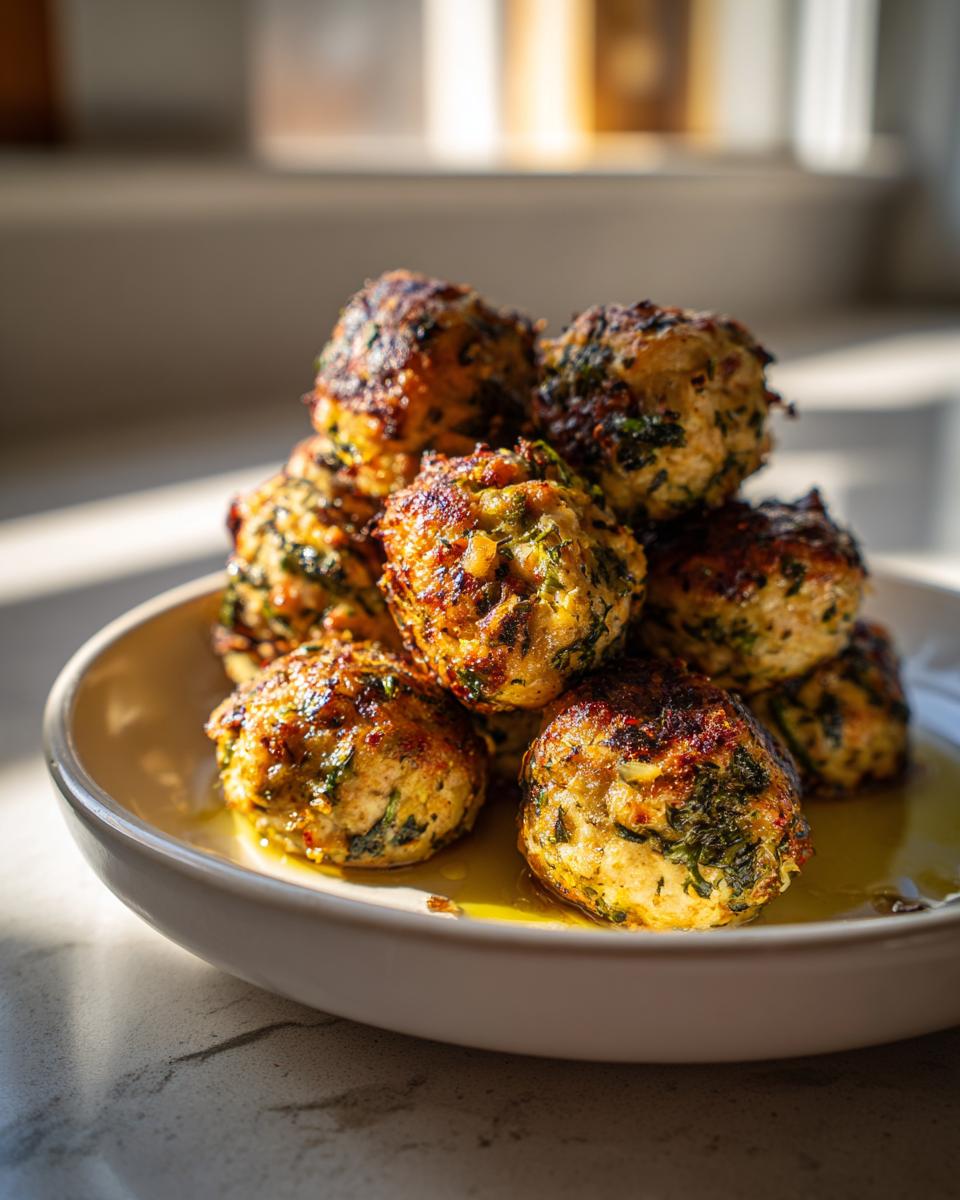 A stack of golden brown baked greek chicken meatballs seasoned with herbs, resting in olive oil.