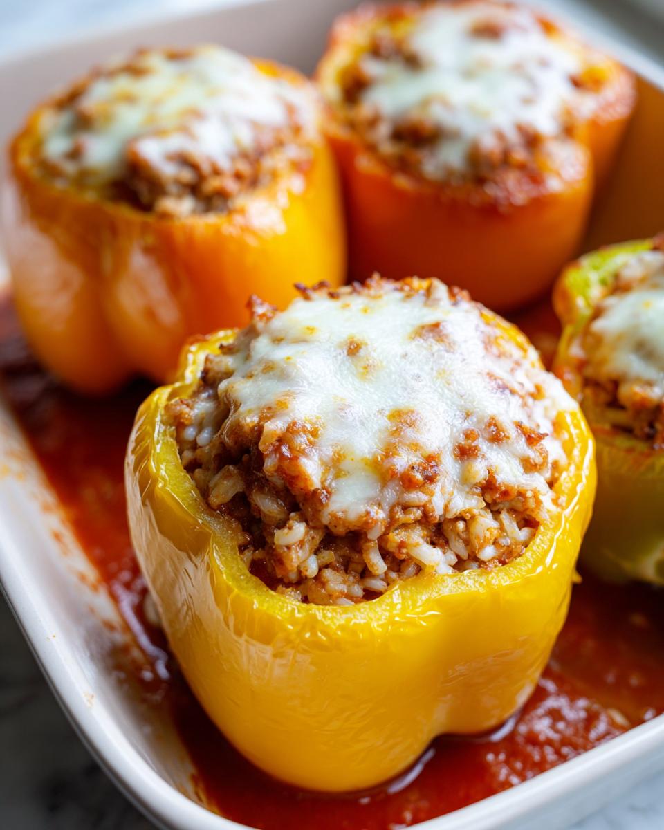 Close-up of baked ground turkey stuffed peppers, featuring yellow peppers topped with melted white cheese.