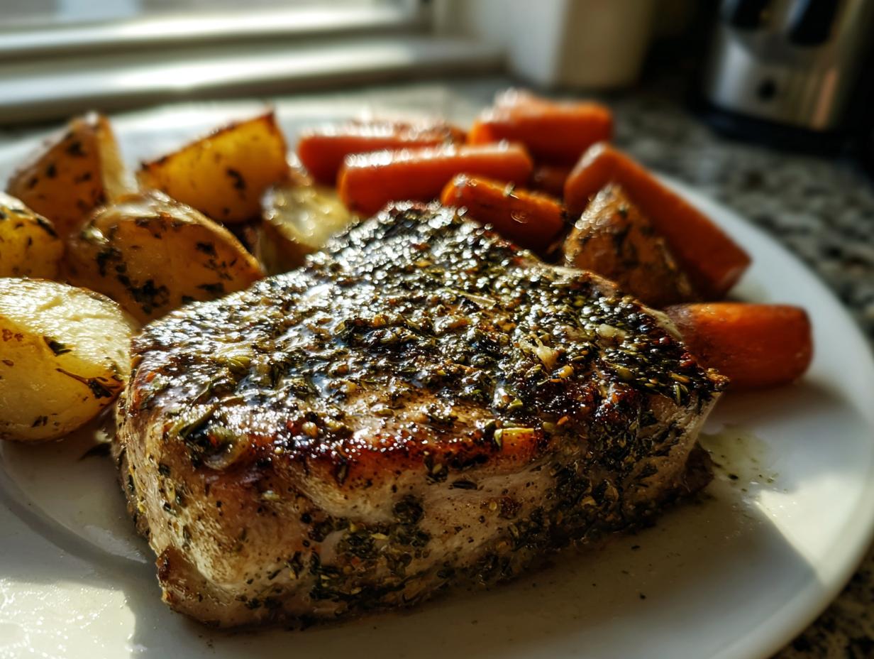 Close-up of a perfectly seasoned baked pork chop and potatoes, served with roasted carrots.