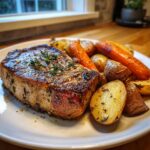 Close-up of a perfectly seasoned baked pork chop and potatoes served with roasted carrots.