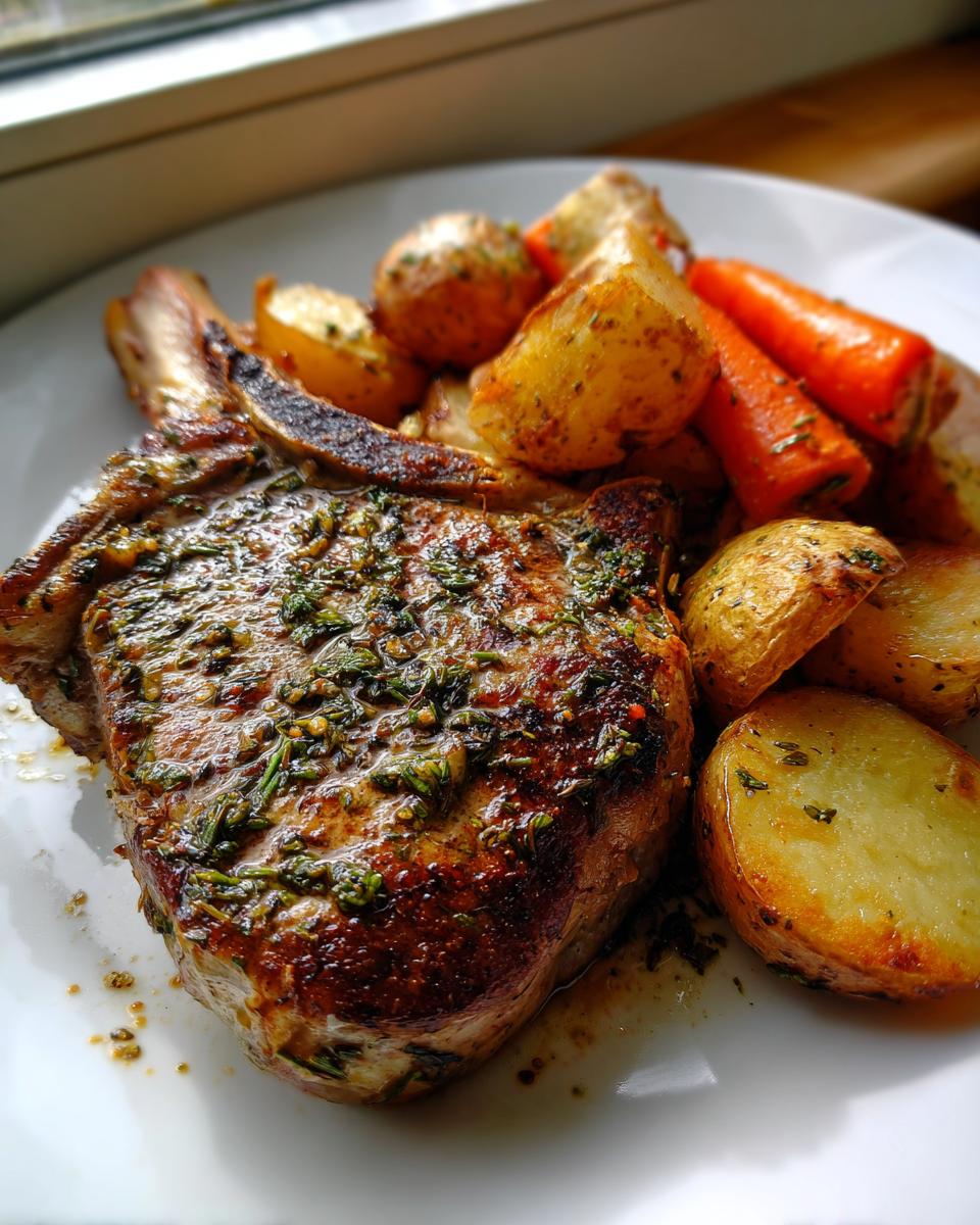 Close-up of a juicy, herb-crusted baked pork chop served with roasted potatoes and carrots, a perfect baked pork chops and potatoes meal.