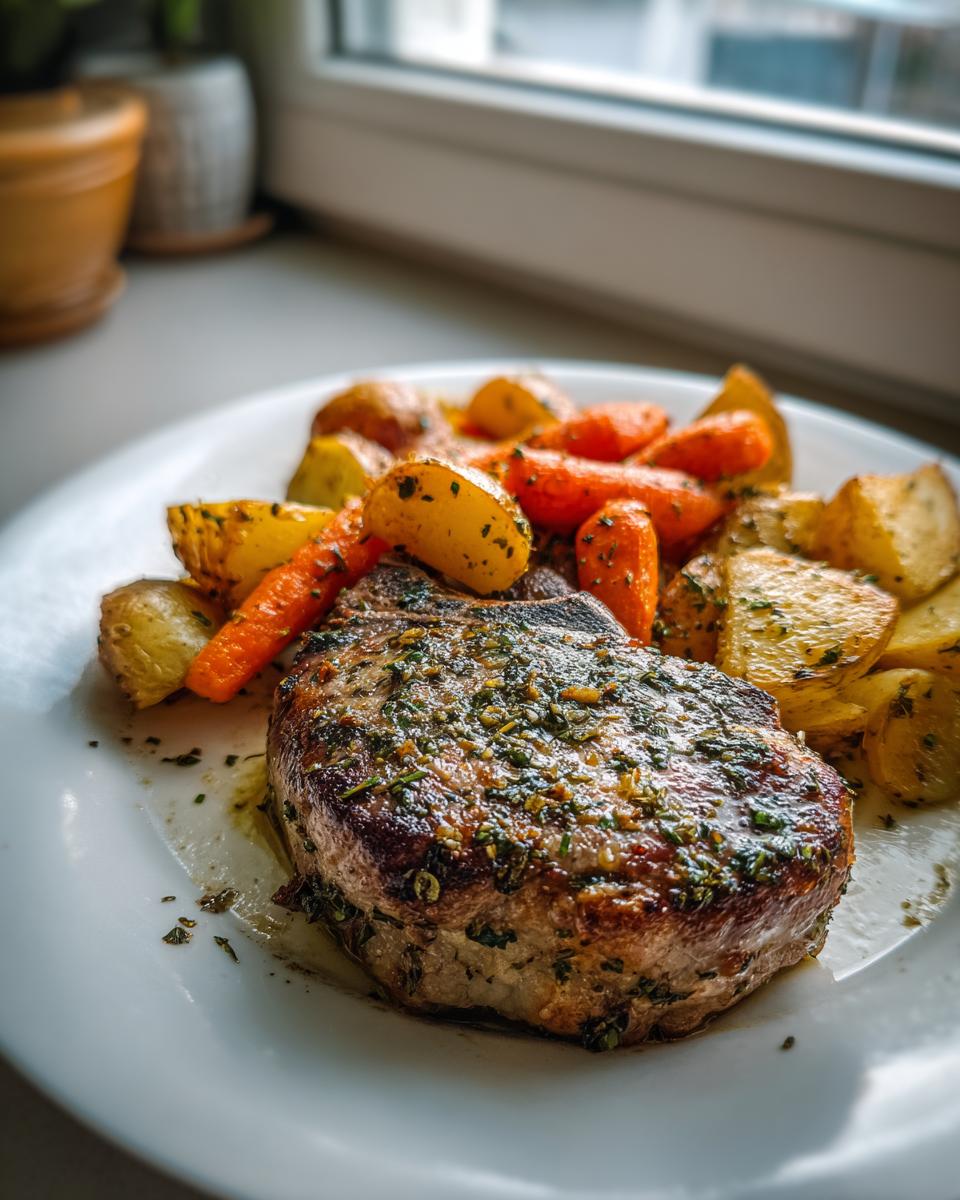 A juicy baked pork chop and potatoes, seasoned with herbs, served on a white plate.