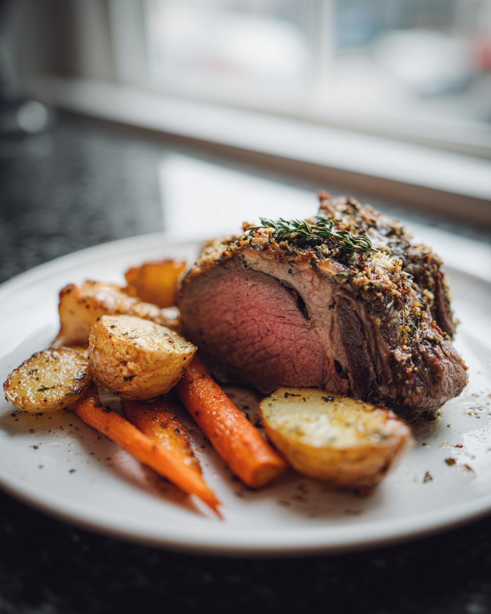 A close-up of a perfectly cooked, herb-crusted baked pork chop served with roasted potatoes and carrots.