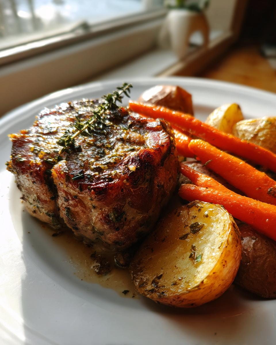 Close-up of a perfectly seared baked pork chop and potatoes served with bright orange carrots, garnished with thyme.