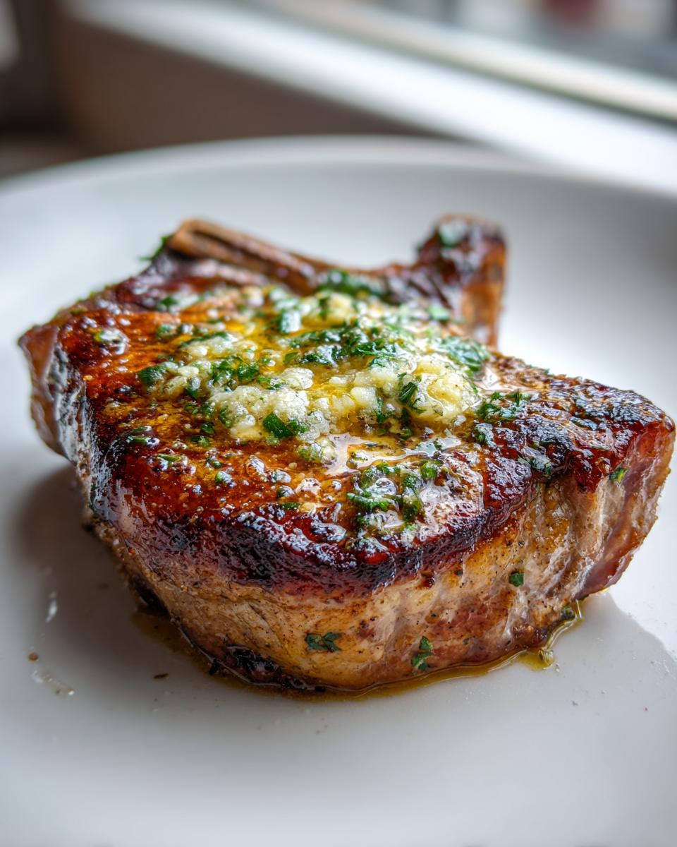 Close-up of a thick, juicy baked pork chops oven boneless topped with melted garlic herb butter.