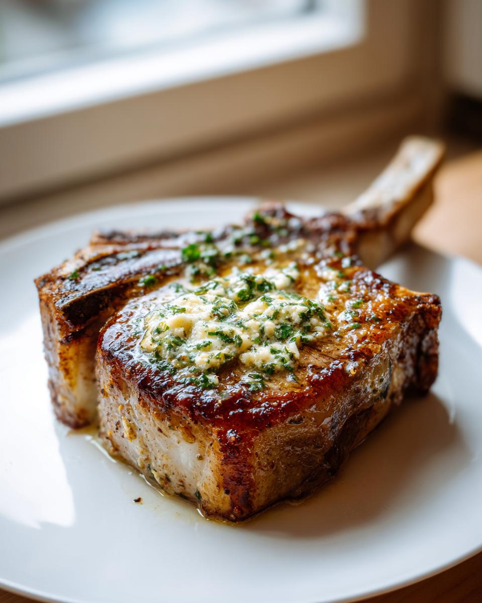 Two thick, juicy baked pork chops oven boneless served on a white plate, topped with melting herb butter.