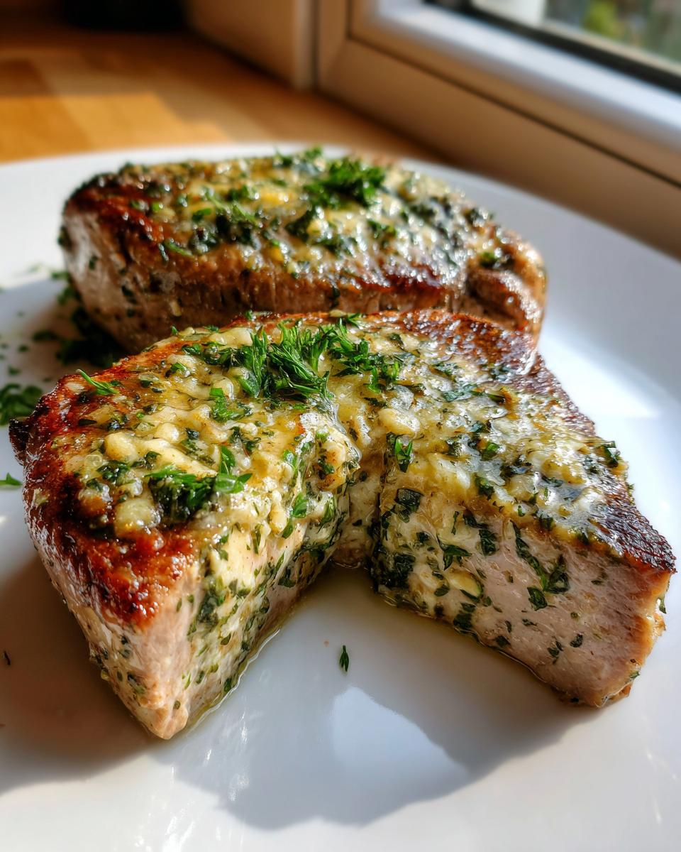 Two juicy baked pork chops oven boneless topped with melted garlic herb butter and fresh parsley.
