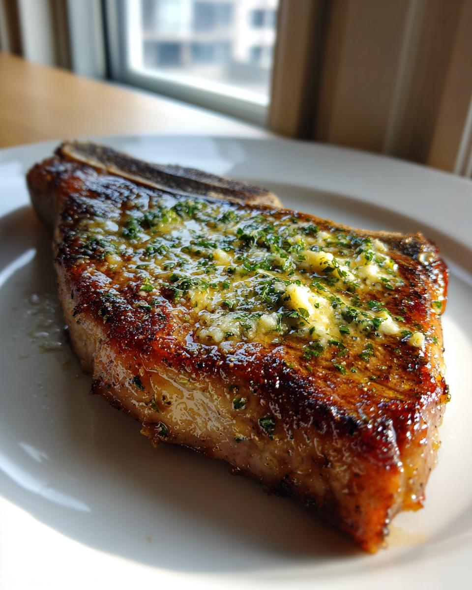 Close-up of a perfectly seared baked pork chops oven boneless topped with melted garlic herb butter.
