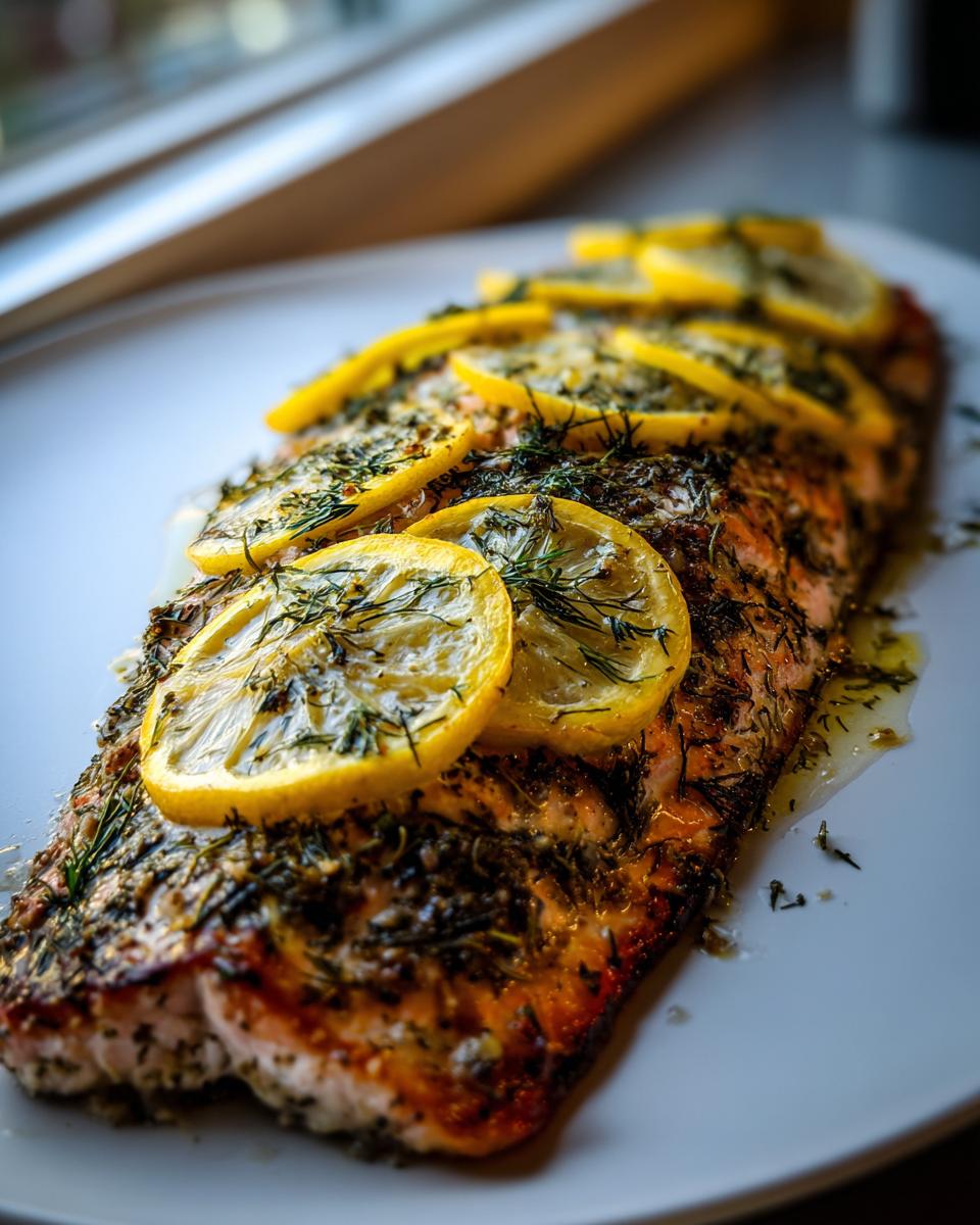 Close-up of perfectly cooked baked salmon fillets oven topped with fresh dill and lemon slices.