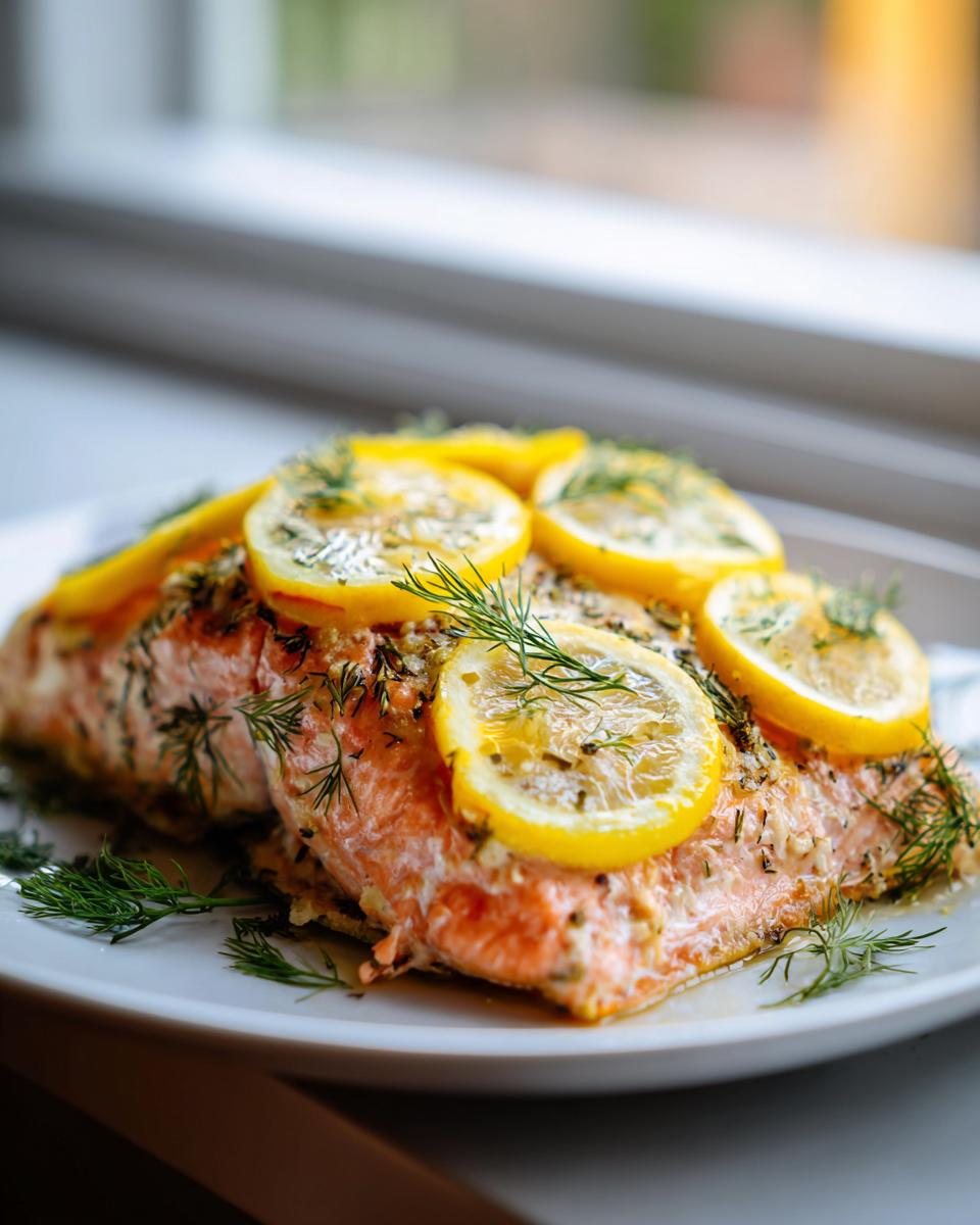 Two perfectly cooked baked salmon fillets oven topped with bright lemon slices and fresh dill.