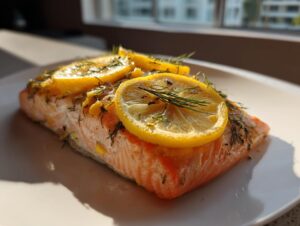 Close-up of a perfectly cooked baked salmon fillets oven portion topped with bright yellow lemon slices and fresh dill.