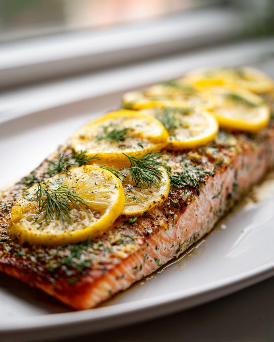 Close-up of perfectly cooked baked salmon fillets oven, topped with overlapping lemon slices and fresh dill sprigs.