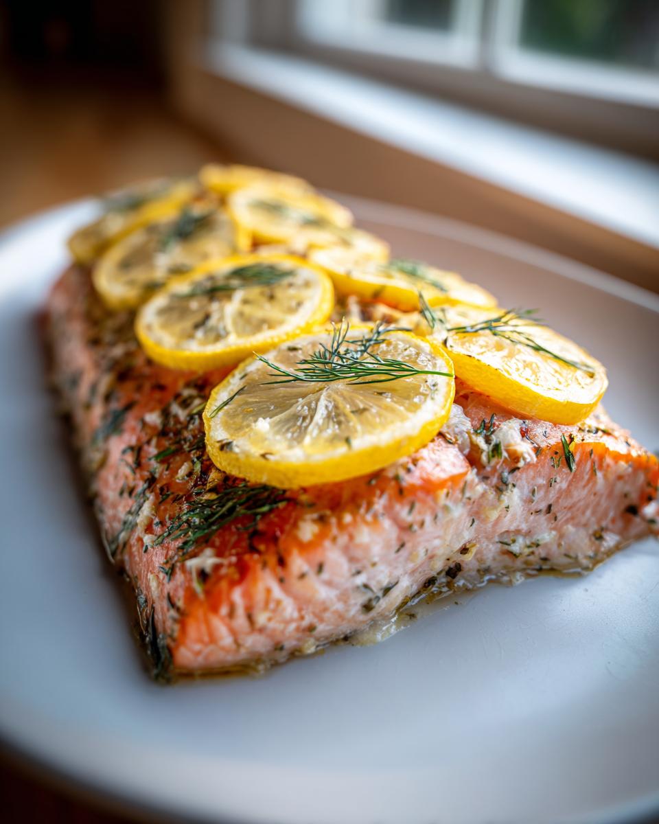 A close-up of a perfectly cooked baked salmon fillet oven, topped with overlapping lemon slices and fresh dill.