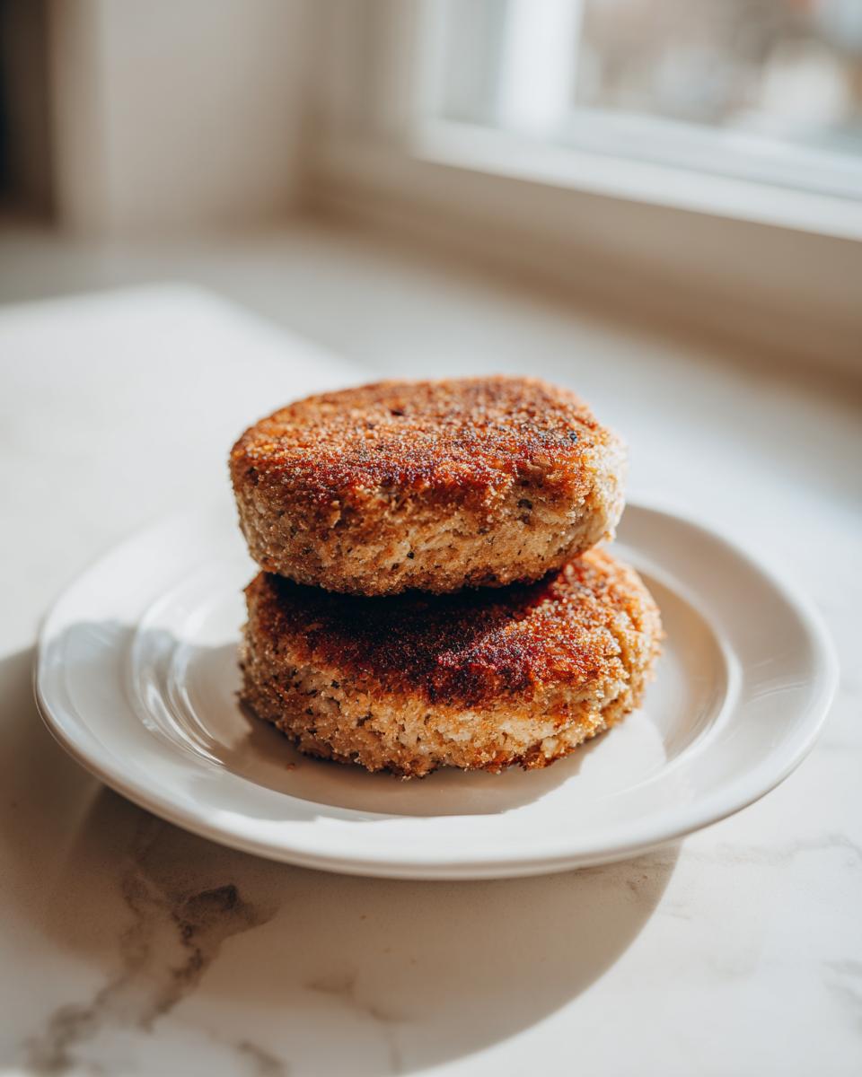 Two golden brown baked salmon patties stacked on a small white plate, illuminated by natural light.