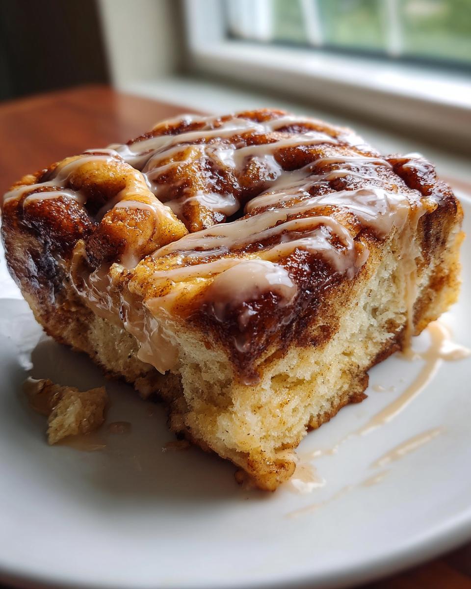 A close-up of a single, gooey banana bread cinnamon rolls slice topped with thick white icing.