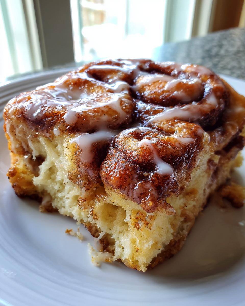 A close-up of a soft, glazed banana bread cinnamon rolls slice on a white plate.