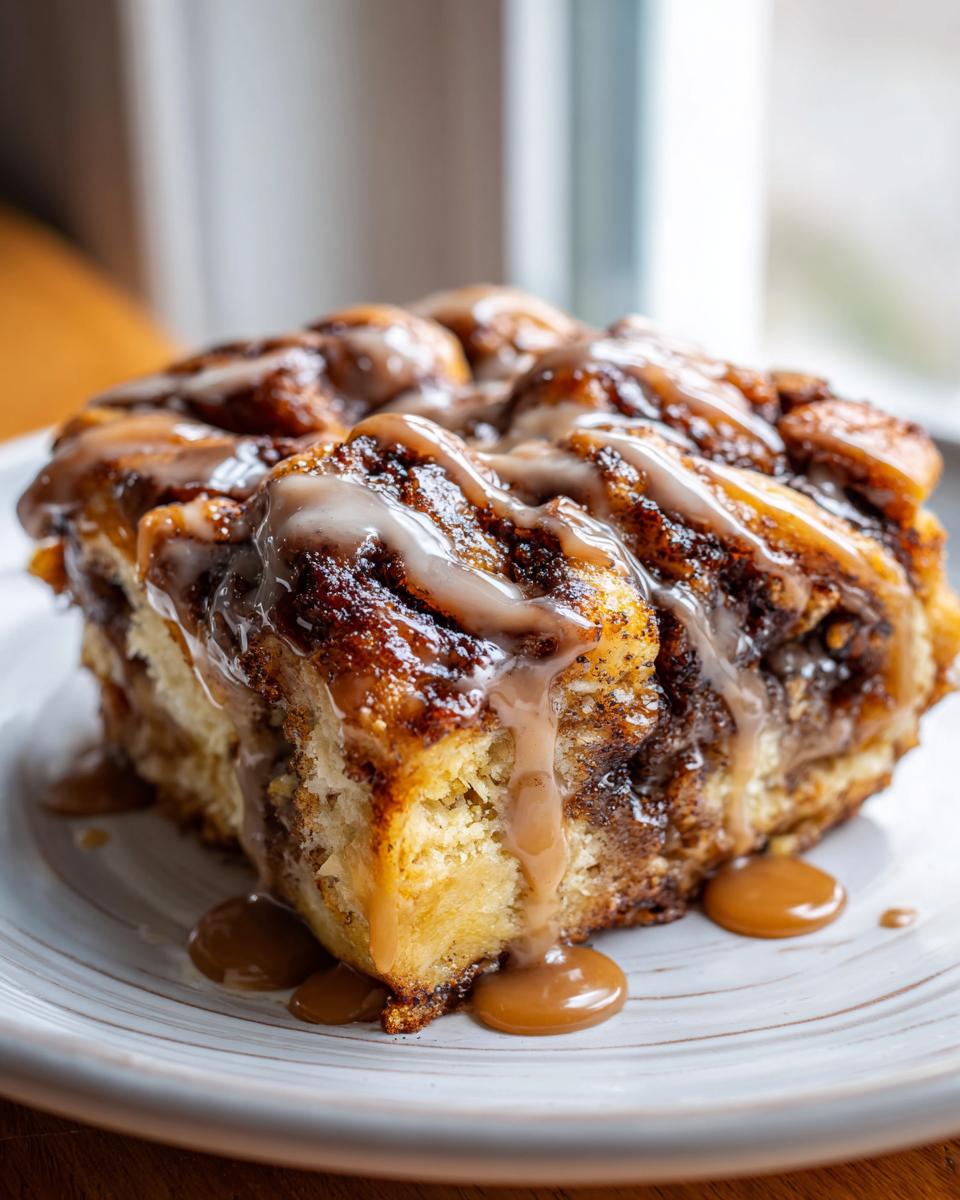 A close-up shot of a decadent portion of banana bread cinnamon rolls drizzled with white icing and caramel sauce.