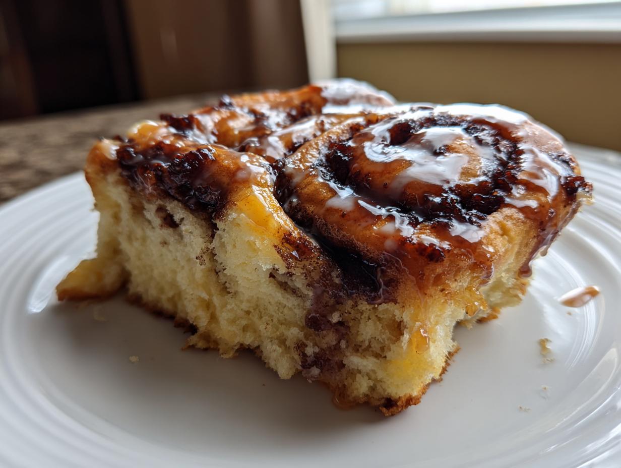 A close-up of a soft, glazed slice of banana bread cinnamon rolls served on a white plate.