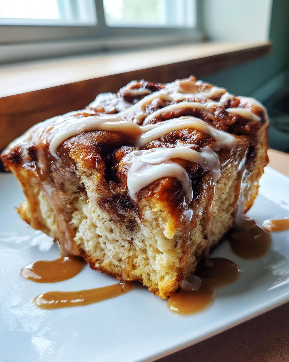 Close-up of a moist slice of banana bread cinnamon rolls drizzled with white icing and caramel sauce.