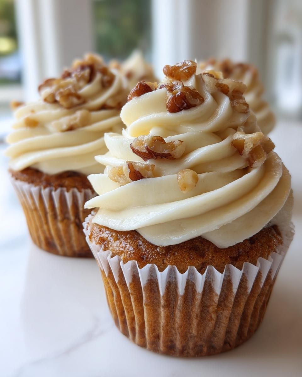 Close-up of freshly baked banana walnut cupcakes topped with creamy frosting and chopped walnuts.