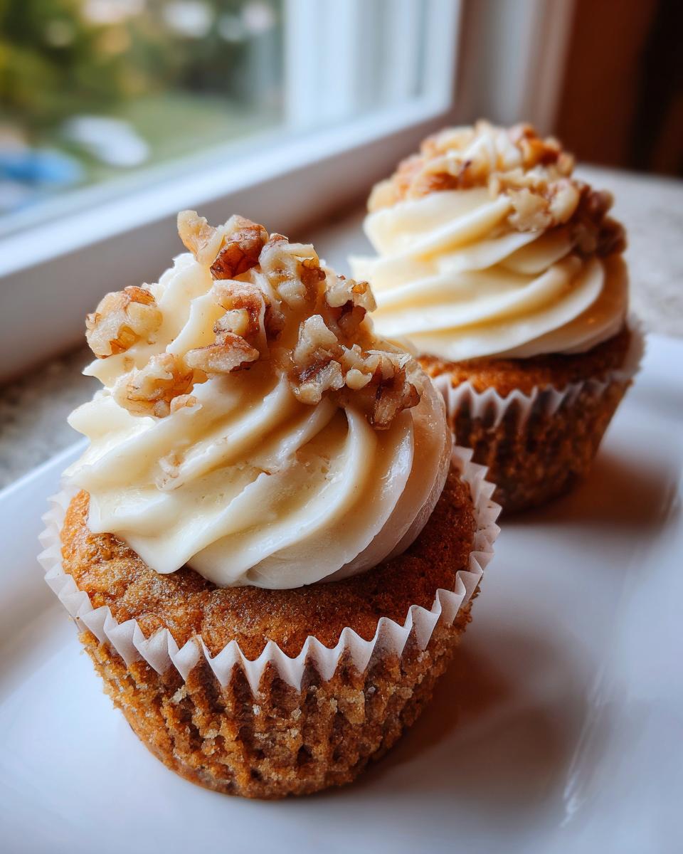 Close-up of two freshly baked banana walnut cupcakes topped with cream cheese frosting and chopped walnuts.