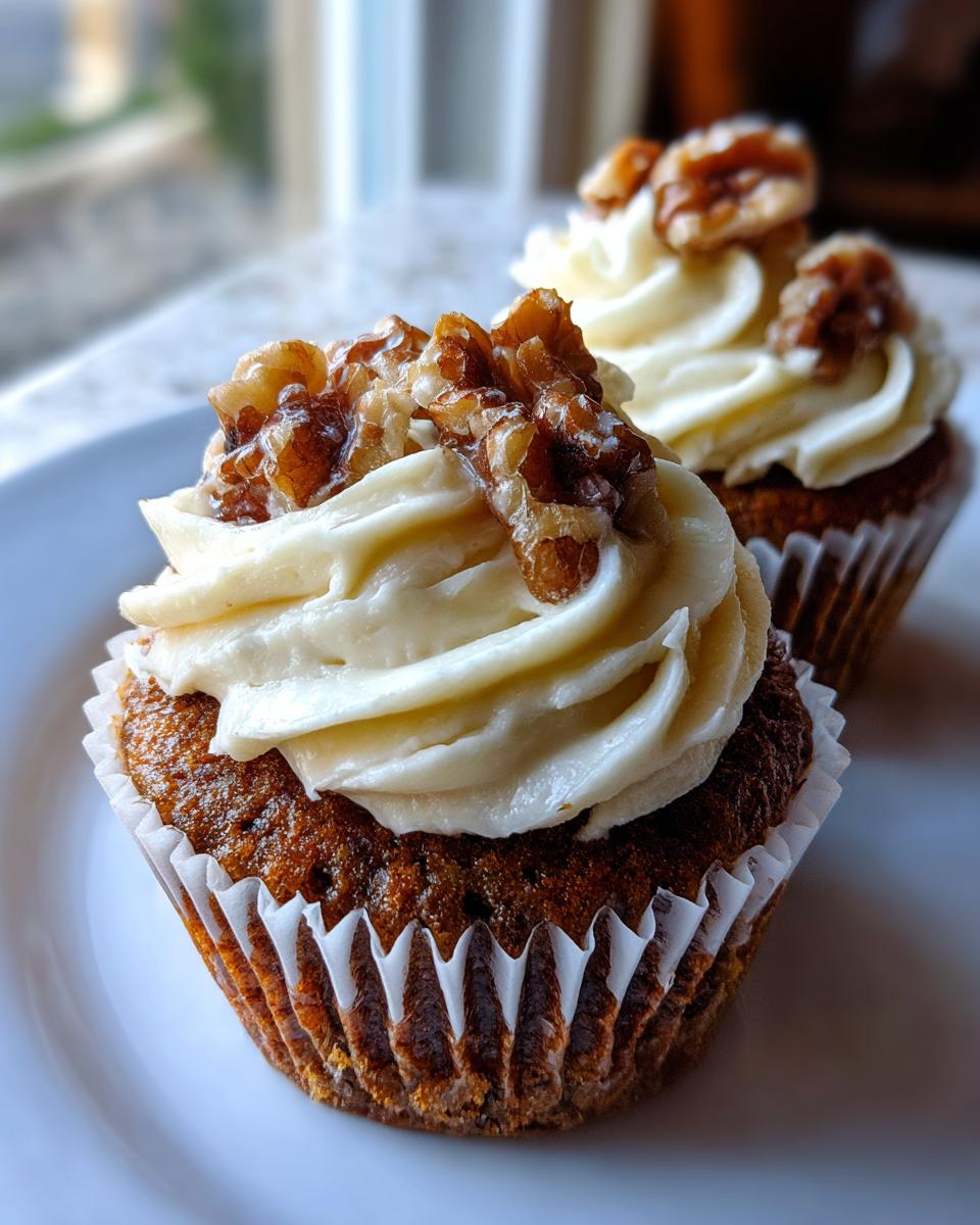 Two delicious banana walnut cupcakes topped with cream cheese frosting and candied walnuts, sitting on a white plate.