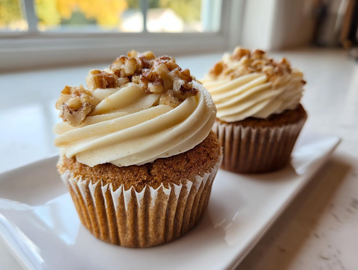 Two freshly baked banana walnut cupcakes topped with cream cheese frosting and chopped walnuts, sitting on a white platter.