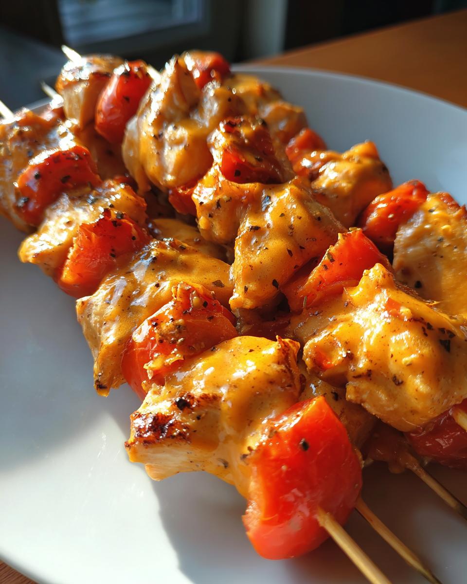 Close-up of grilled bang bang chicken skewers threaded with bright red tomatoes, drizzled in a creamy orange sauce.