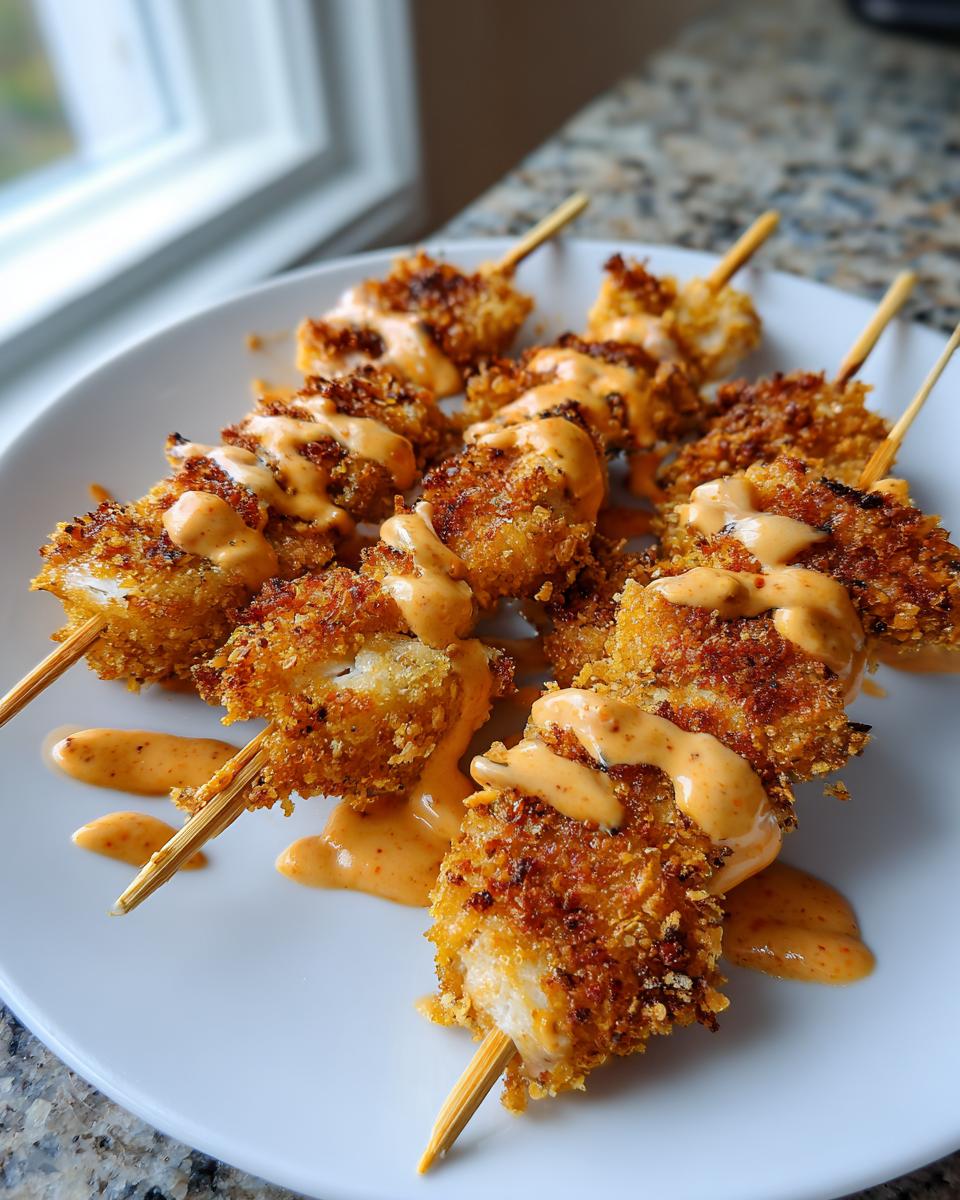 Close-up of crispy, breaded bang bang chicken skewers drizzled with spicy orange sauce on a white plate.