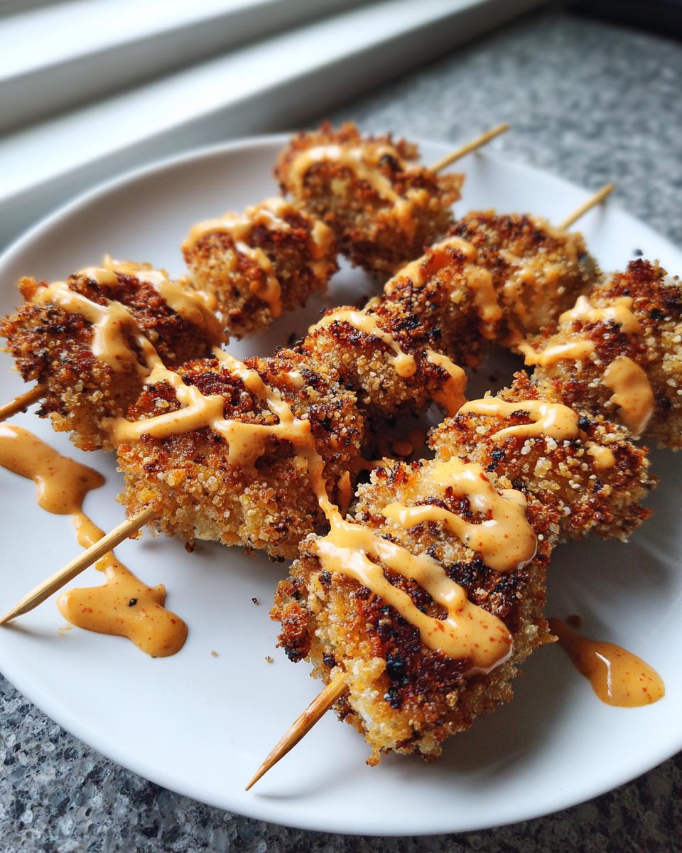 Close-up of crispy, breaded bang bang chicken skewers air fryer style, drizzled with orange sauce on a white plate.
