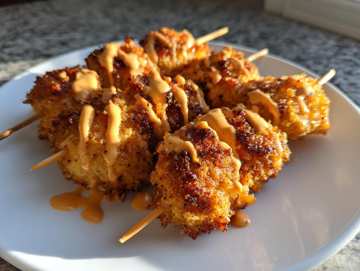 Close-up of crispy, golden brown Bang Bang Chicken Skewers Air Fryer drizzled with spicy orange sauce on a white plate.