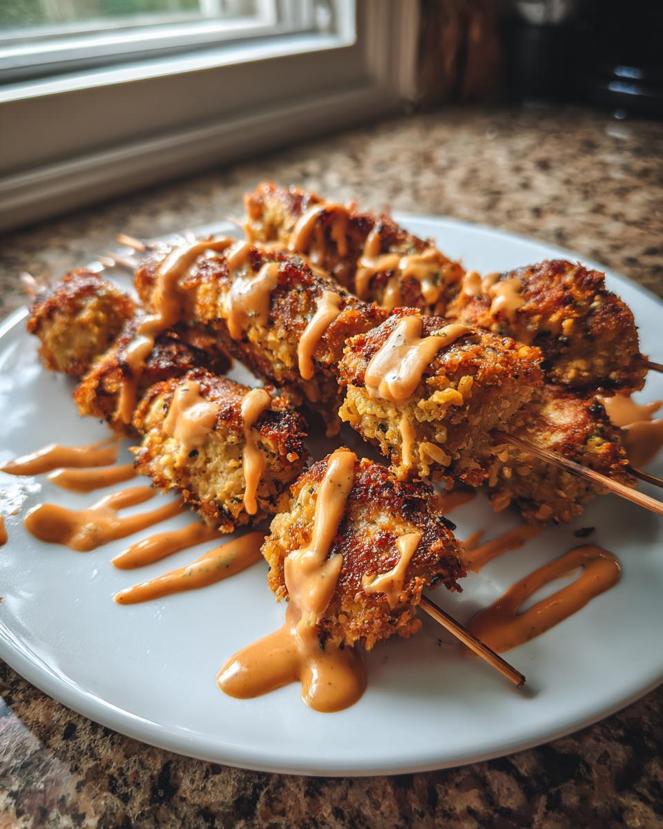 Close-up of crispy, breaded bang bang chicken skewers air fryer style, drizzled generously with orange-hued sauce on a white plate.