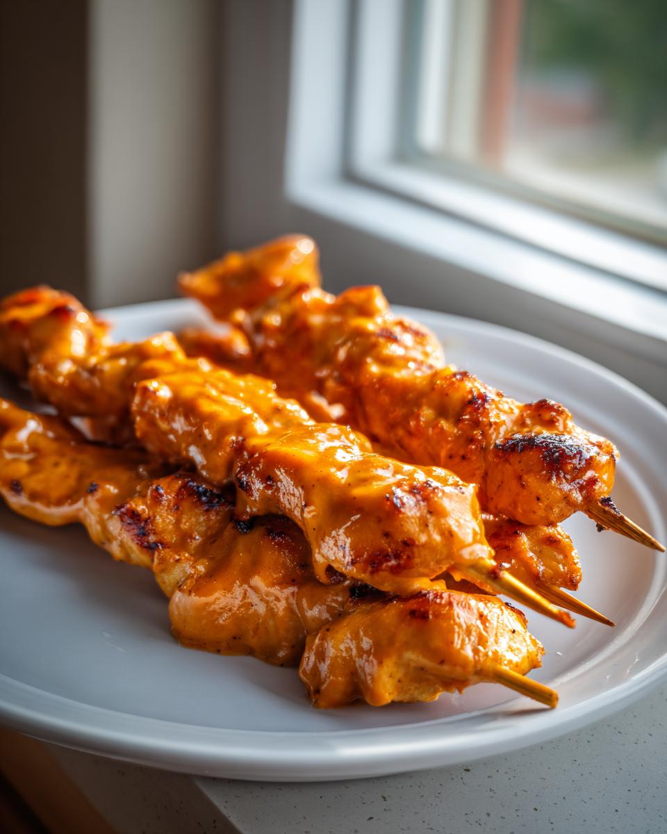 Close-up of several grilled bang bang chicken skewers generously coated in a creamy orange sauce, resting on a white plate.